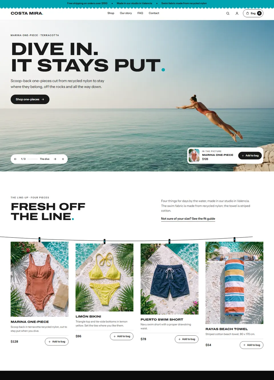 Costa Mira, an AI-designed Shopify store: Swimwear from a small studio in Valencia, cut from recycled nylon.