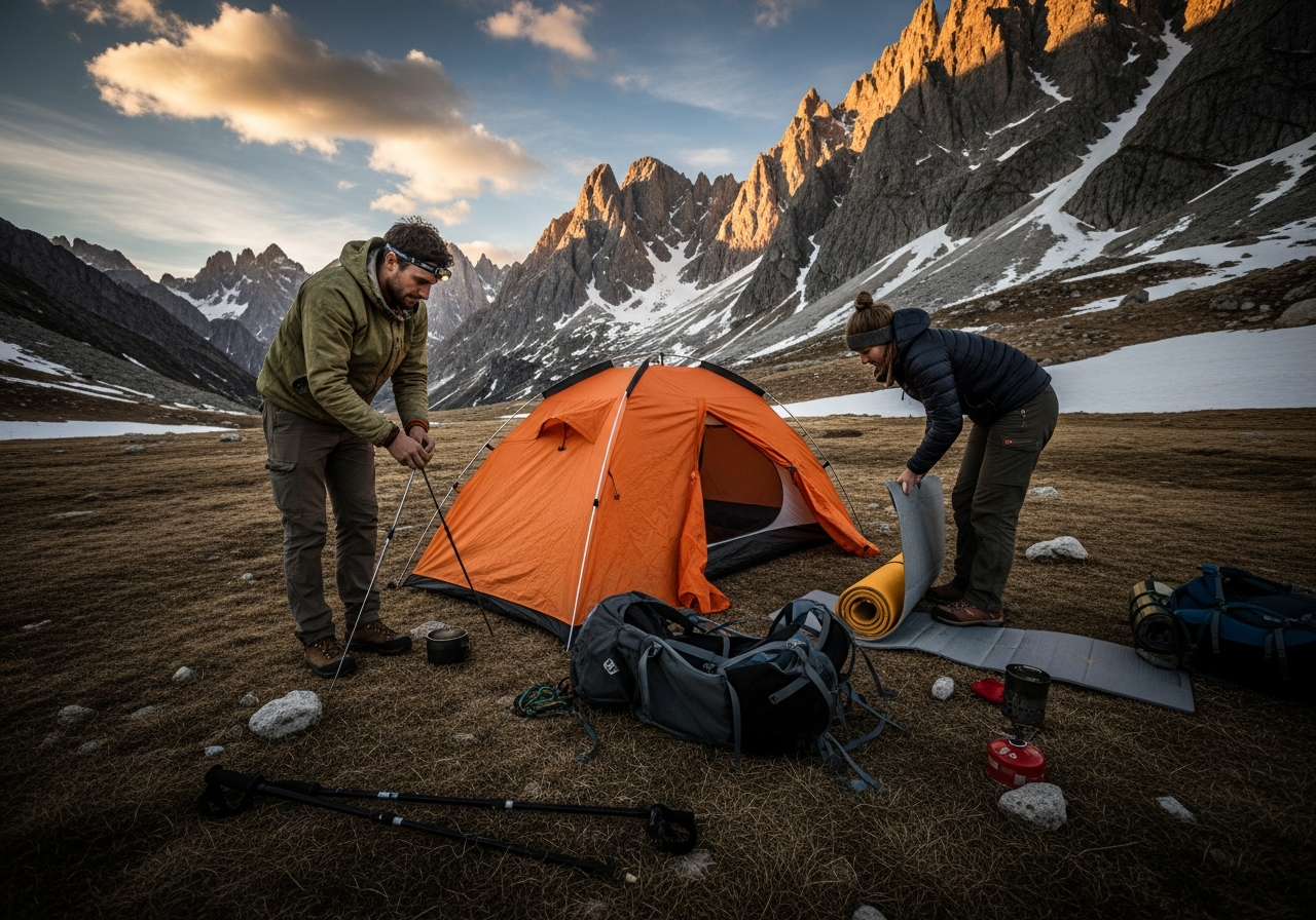 Tent pitched on a glacier moraine at last light