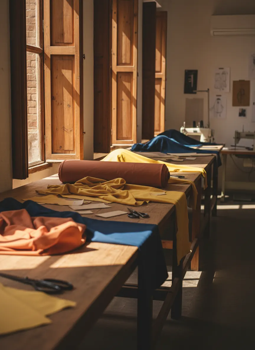 Inside the Costa Mira studio in Valencia: a long cutting table beside tall open shutters, rolls of recycled nylon swim fabric in terracotta, lemon yellow and navy, paper patterns and shears, morning light falling across the table