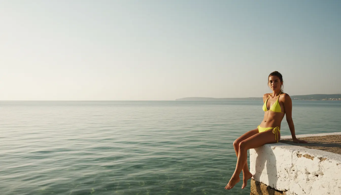 A woman in the lemon-yellow Limón triangle bikini with tie sides, sitting on the edge of a whitewashed harbour wall in the right third of the frame, legs over calm green-blue water in late-morning sun, with a wide stretch of hazy pale sky above and to the left
