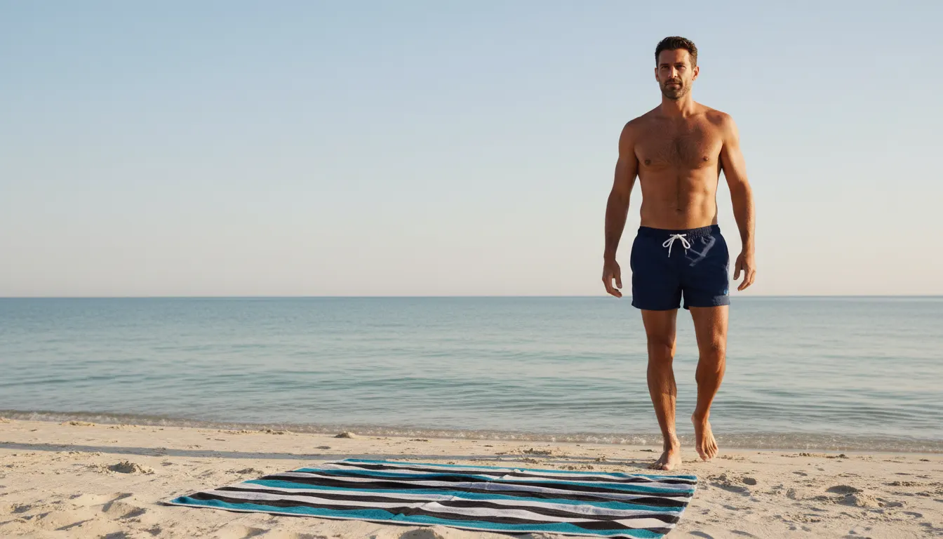 A man in navy Puerto swim shorts with a white drawstring walking up from the shallows in late-afternoon light, a striped Rayas cotton beach towel spread on the pale sand in front of him, flat silver sea and open sky behind