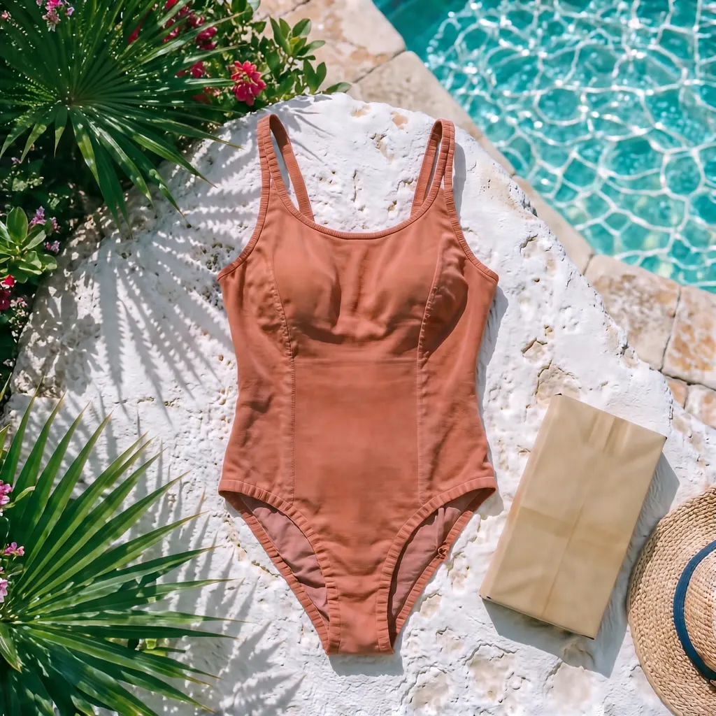 The Marina One-Piece in terracotta recycled nylon, scoop back