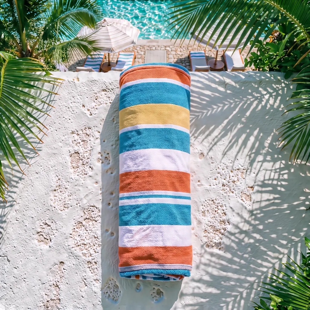 The Rayas Beach Towel, a striped cotton towel folded over a washing line so the stripes fall in long bands, against a sunlit whitewashed wall