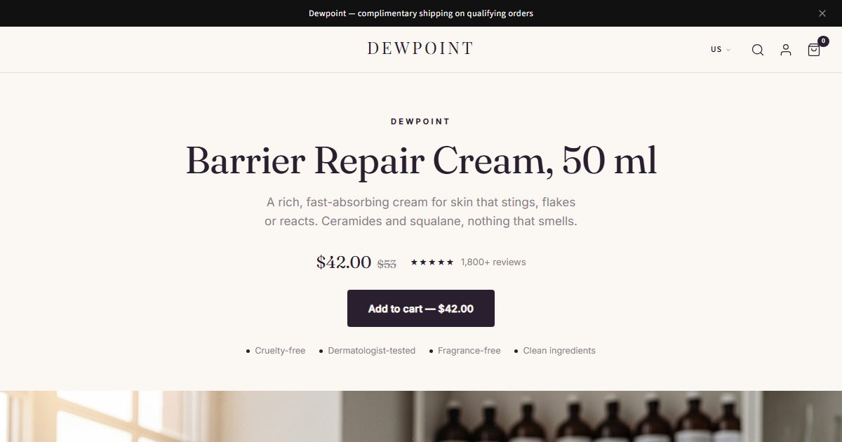 Dewpoint storefront, Beauty Editorial style