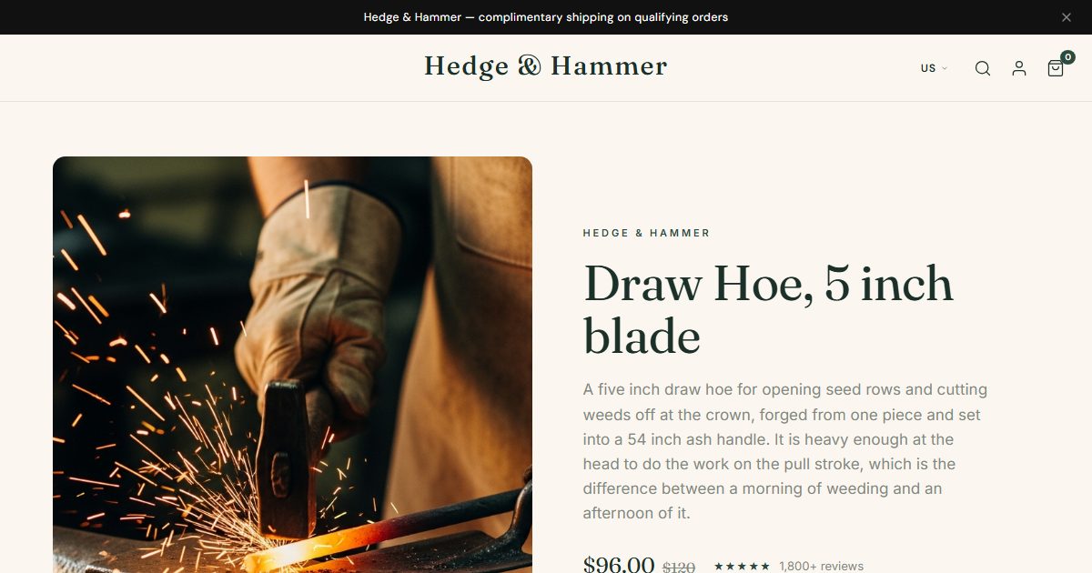 Hedge & Hammer storefront, Warm Artisan style
