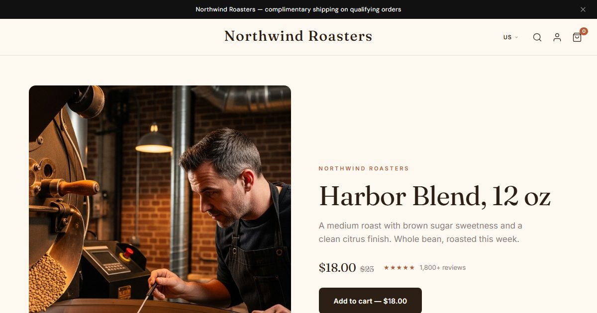 Northwind Roasters storefront, Warm Artisan style