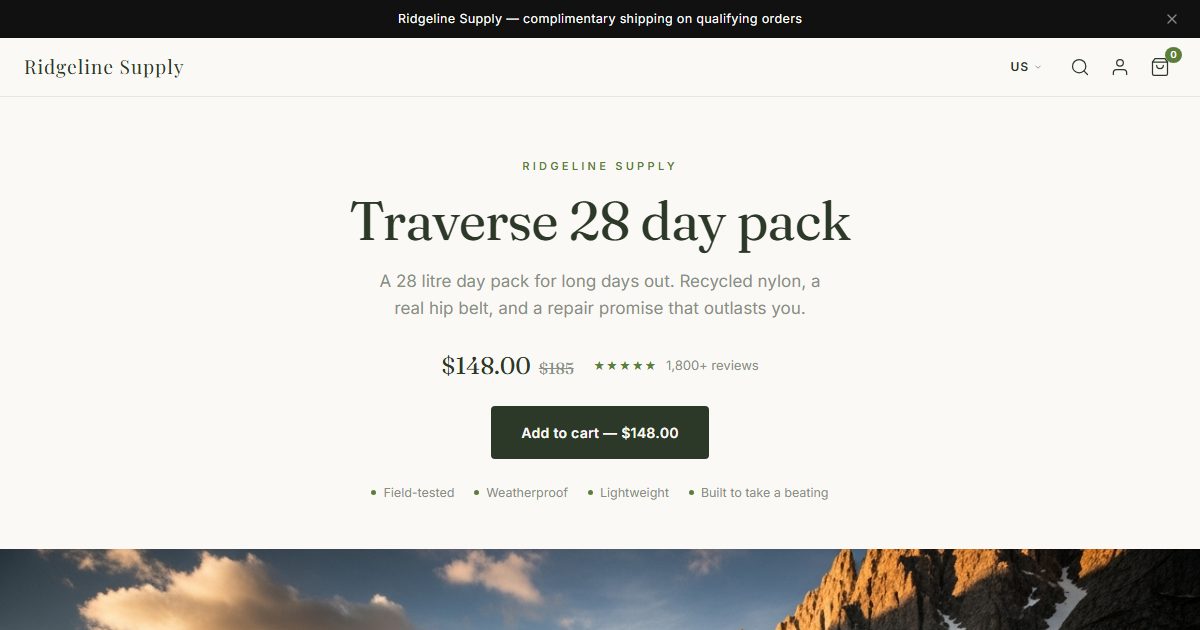 Ridgeline Supply storefront, Adventure style
