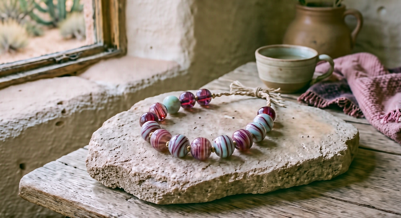 Desert Dusk Strand, Eleven Glass Beads on Linen
